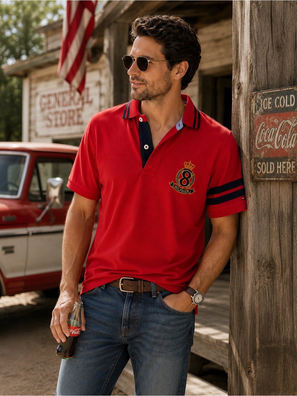 Tommy Hilfiger Custom Fit Crest Rugby Polo Shirt Red Navy Preppy Y2K Size Small